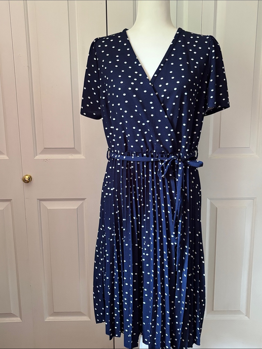Navy Polka Dot Wrap Dress with Tie Waist
